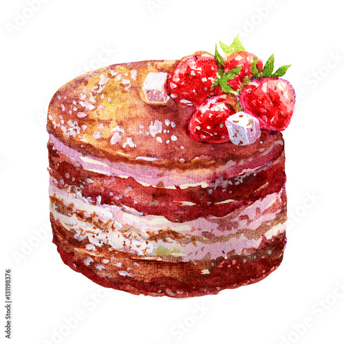 Watercolor Chocolate sponge cake with strawberries illustration