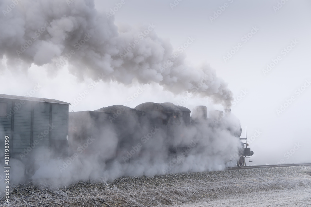 Steam train running in the fog