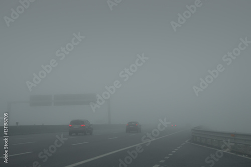 Traveling on the highway with the fog