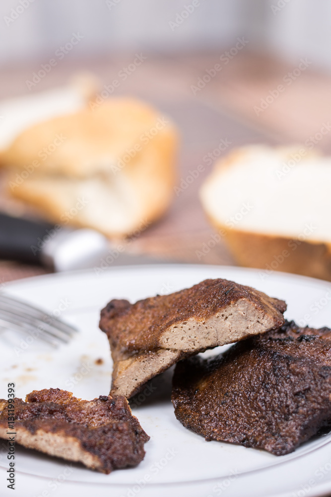 Selective focus on fried pork liver Selective focus on fried pork liver