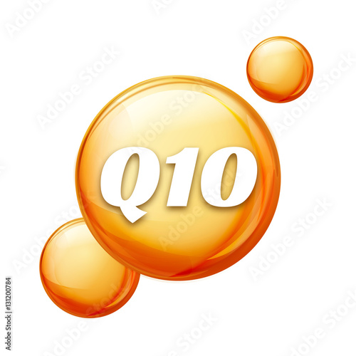 Coenzyme Q10. Golden vector oil icon. Treatment drop pill capsule. Q10 skin care wellness