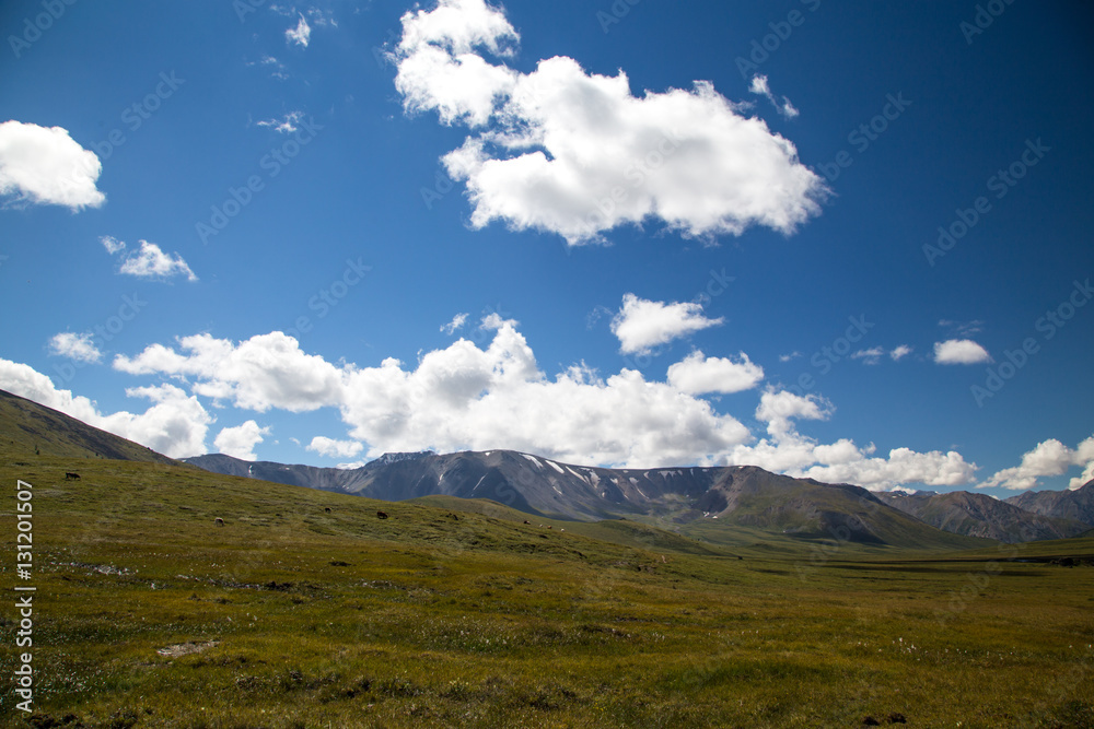 mountain landscape, mountains, plains, grass, clouds