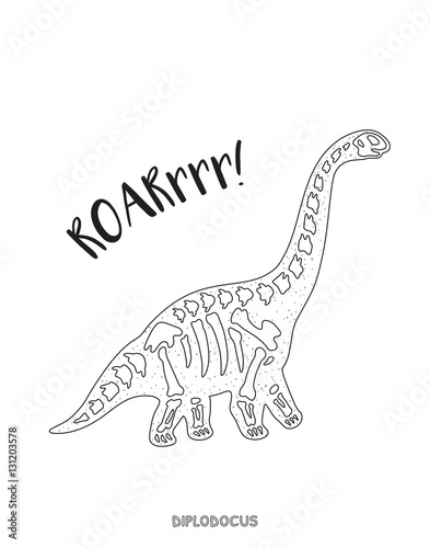 Black and white line art with dinosaur skeleton