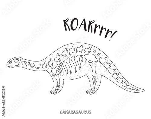 Black and white line art with dinosaur skeleton