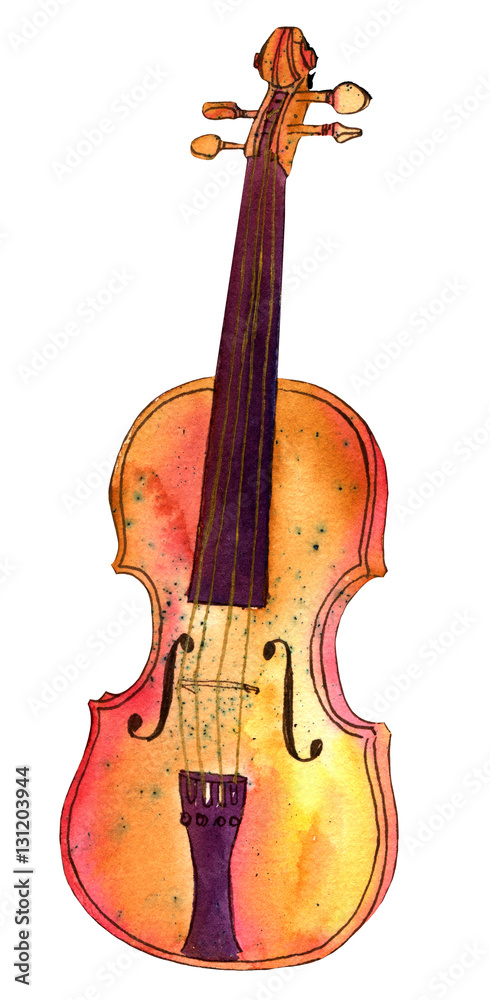 Naklejka premium Watercolour and ink violin drawing, isolated on white