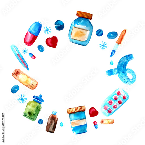 Watercolor medicine tablets and pills, capsules circle frame. Hand drawn pharmaceutical objects frame. Round border