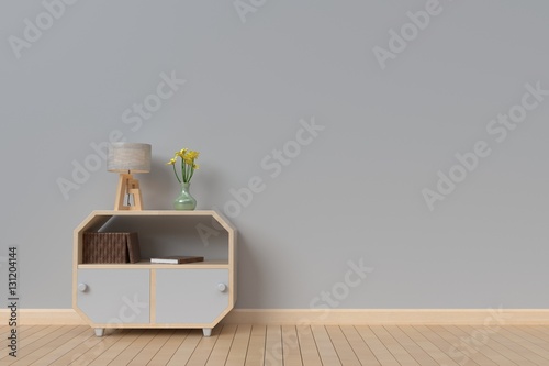 Cabinet with flowers and lamp in front of a background wall,3D render