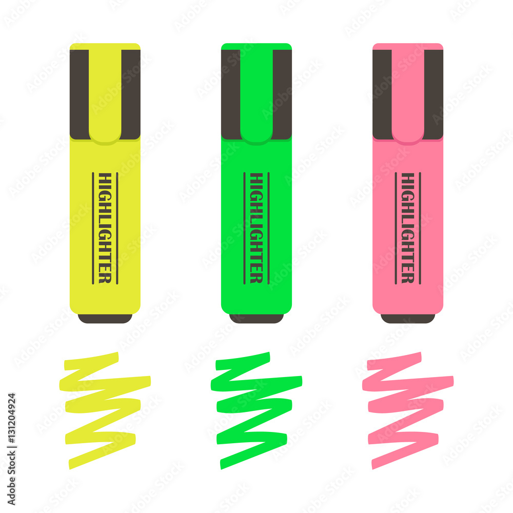 Set, collection of three flat design highlighters. Pink, green and yellow markers isolated on white background. Set, collection of three flat design highlighters. Pink, green and yellow markers isolated on white background.