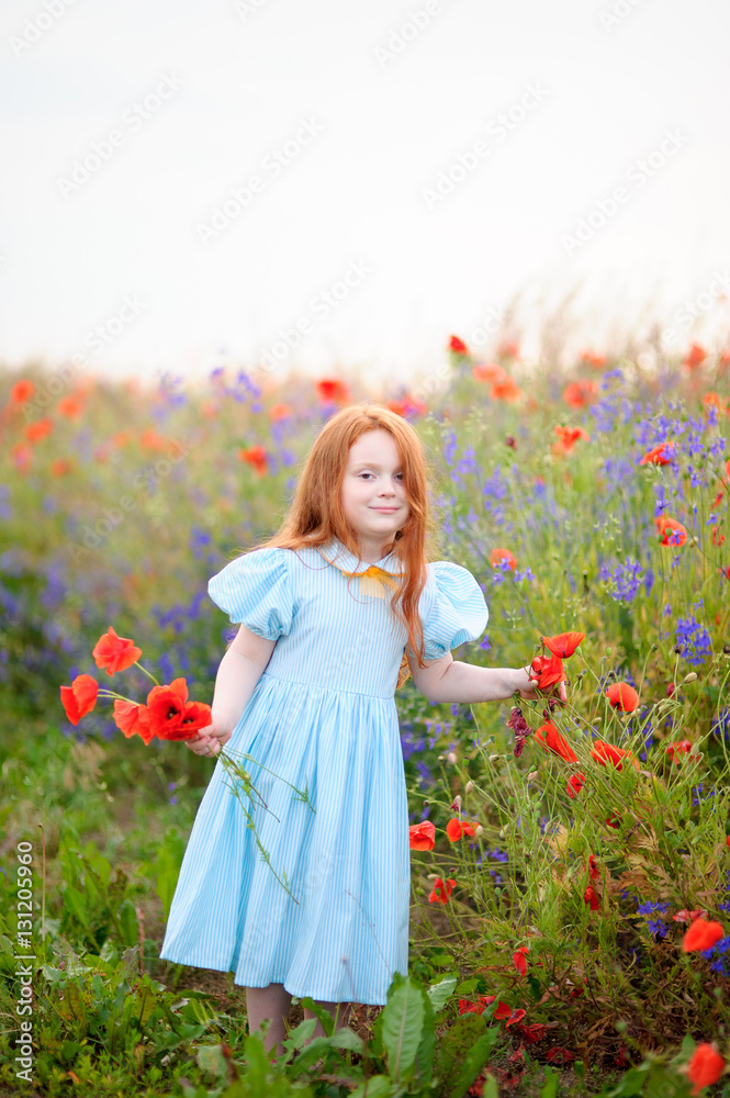 Naklejka premium cute child redhead posing near blooming poppy field with red wil