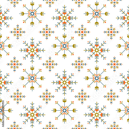 holiday ethnic seamless pattern with geometric snowflakes isolated on white background.