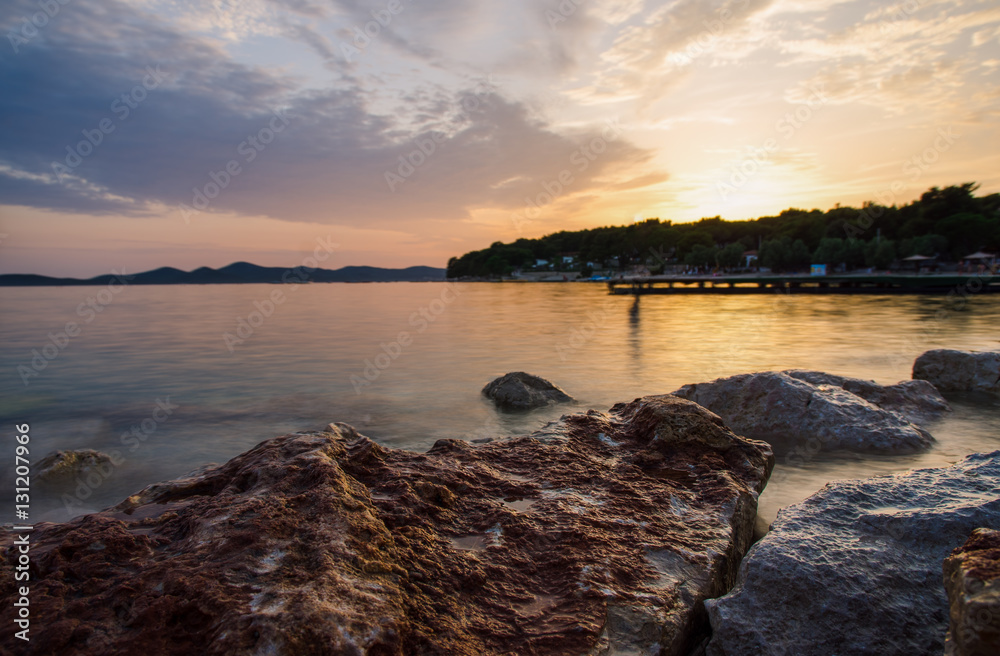 Long exposure image of sea at Pakostane in Croatia sunset