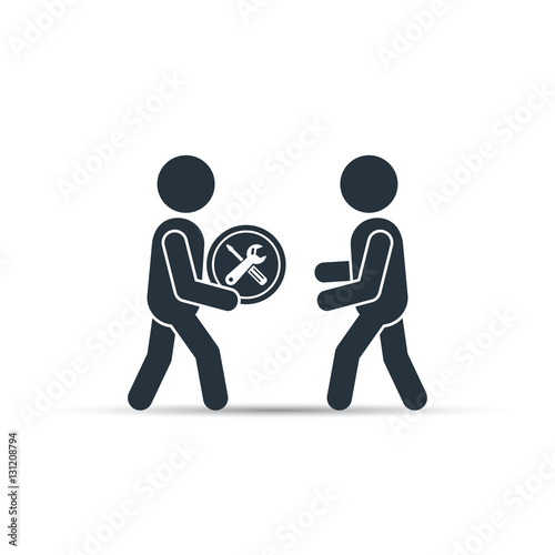 Man offers service, maintenance, help, assistance, support, car repair illustration. Vector.