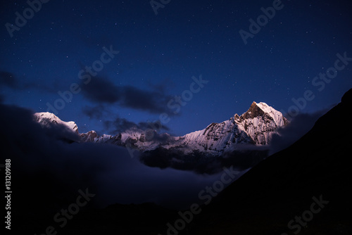 View from base camp, Mt.Machapuchare in the reflection of sunset at Himalaya Nepal, low light