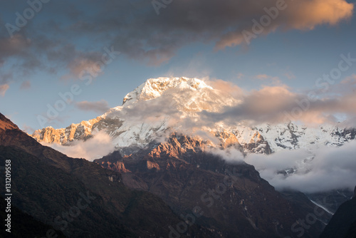 View from Chomrong, Annapurna mountain range in the reflection of sunrise at Himalaya Nepal