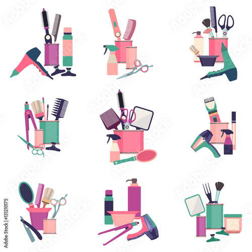 Professional hairdresser tools. Barber fashion objects set. Hairstyle haircut icons design salon. Vector hairdresser equipment.