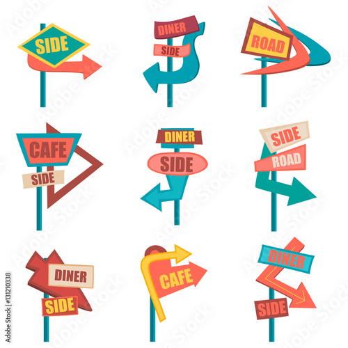 Retro road signs. Vintage billboard set. Vector illustration