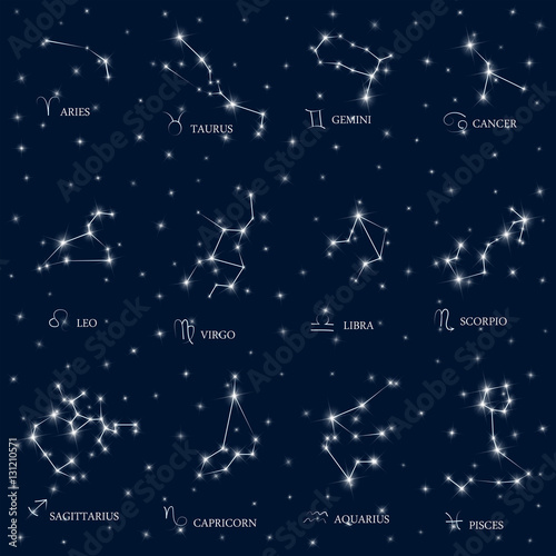 Zodiac Design. Horoscope set: Leo, Virgo, Scorpio, Libra, Aquarius, Sagitarius, Pisces, Capricorn, Taurus, Aries, Gemini, Cancer. Vector illustration