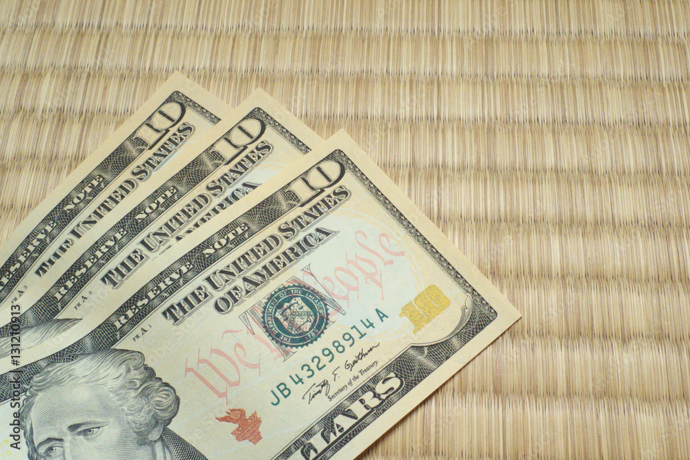 Dollar bills on Japanese traditional tatami matting Dollar bills on Japanese traditional tatami matting