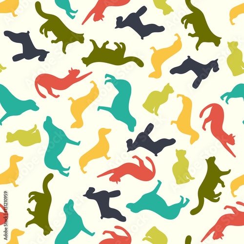 Animal seamless vector pattern of cat and dog silhouettes