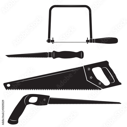 Icons of different carpentry saws. Coping saw, drywall saw, handsaw, keyhole saw. Black and white colors. 