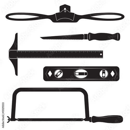 Construction tools icons. T-square, level, drywall saw, hacksaw, spokeshave. Black and white colors. 