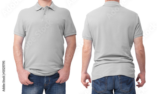 Shirt design and people concept - close up of man in blank grey t-shirt front and rear isolated. Clean empty mock up template for design set. photo