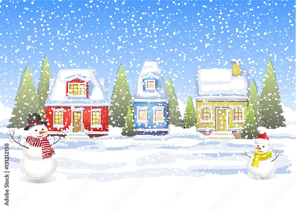 three small houses in the winter countryside. three small houses in the winter countryside.