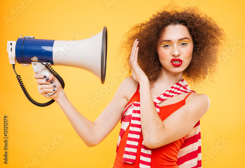 Displeased Bright model with megaphone