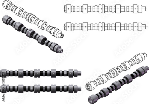 3d illustration of camshafts and engine valves photo