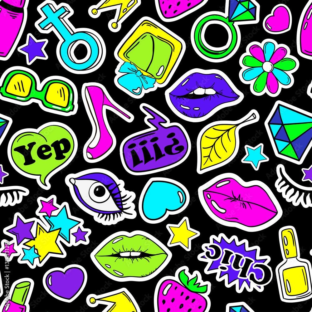 Obraz premium Seamless Pattern Of Fashion Stickers In 80s-90s Comic Style.