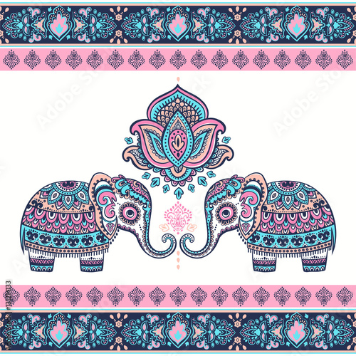 Vintage graphic vector Indian lotus ethnic elephant. African tri photo