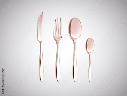 Cutlery Set of Golden, copper Forks Spoons and Knifes Top View I