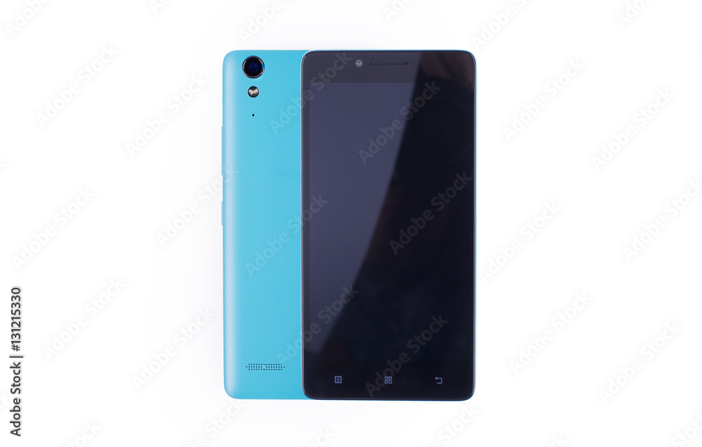 Front view of a rotated at a slight angle blue modern mobile smart phone with blank black screen isolated on white background. High quality. Front view of a rotated at a slight angle blue modern mobile smart phone with blank black screen isolated on white background. High quality.