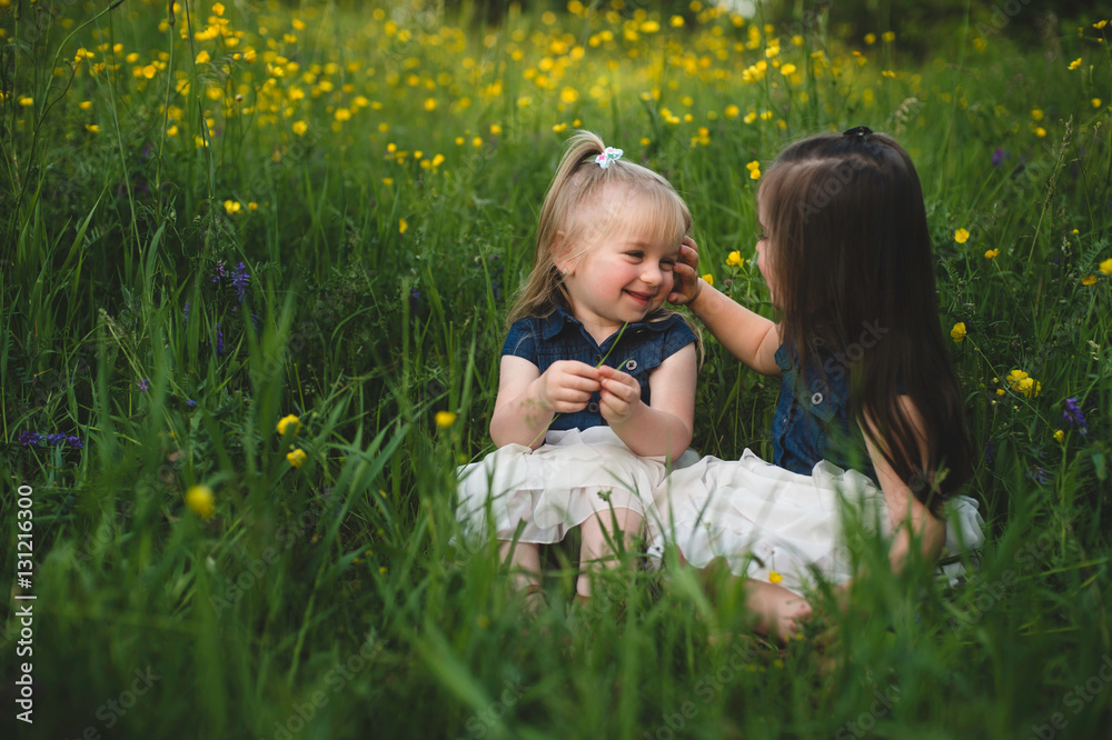 Girls sitting in wildflower meadow face to face smiling Girls sitting in wildflower meadow face to face smiling