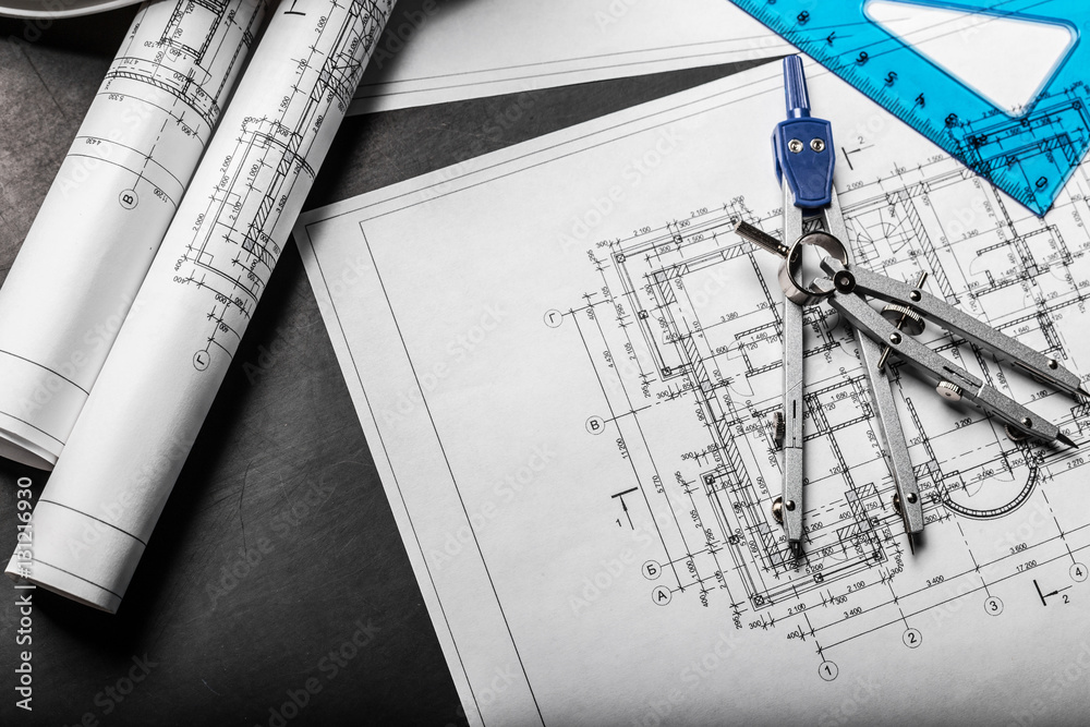 Construction planning drawings on black background Construction planning drawings on black background