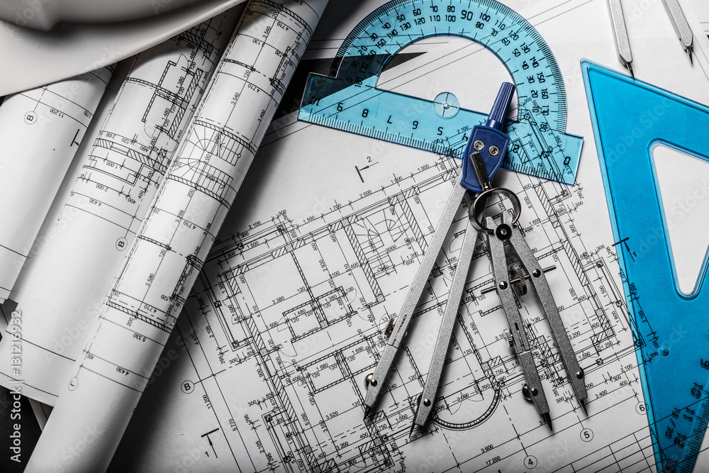 Construction planning drawings on black background Stock Photo | Adobe