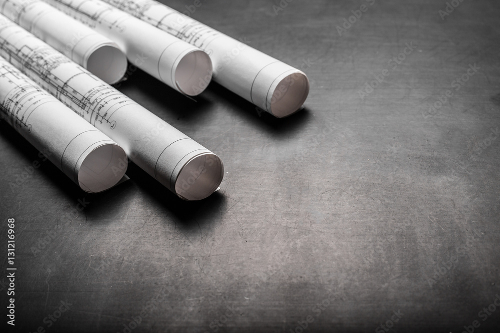 Construction planning drawings on black background Construction planning drawings on black background