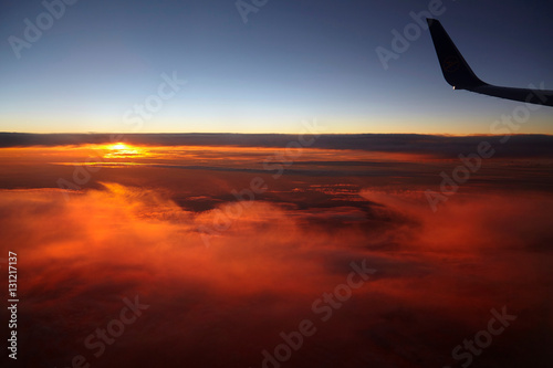 Aerial view of red sky at sunset, Fuerteventura, Spain