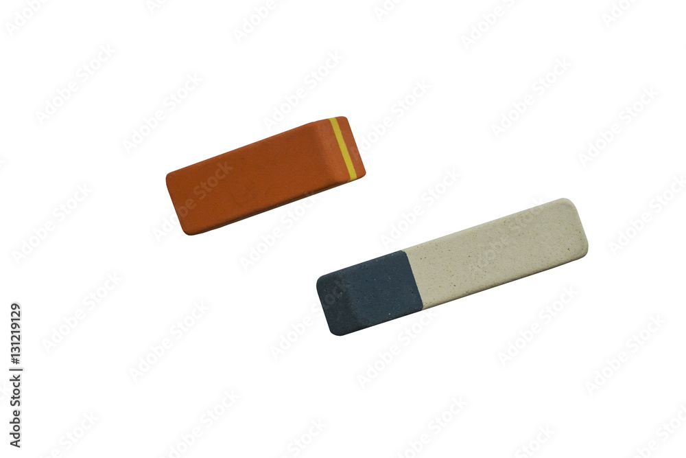 Two stationery eraser on white background closeup top view Two stationery eraser on white background closeup top view