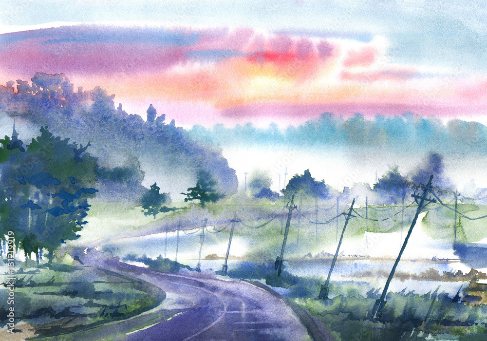 Landscape with fog, road and forest.Mystical morning view.Watercolor hand drawn illustration.