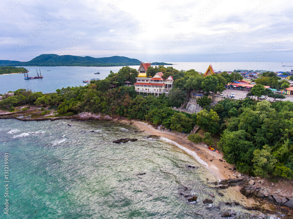 Aerial Shot of Beautiful  Temple  and Fisherman Village with Sea