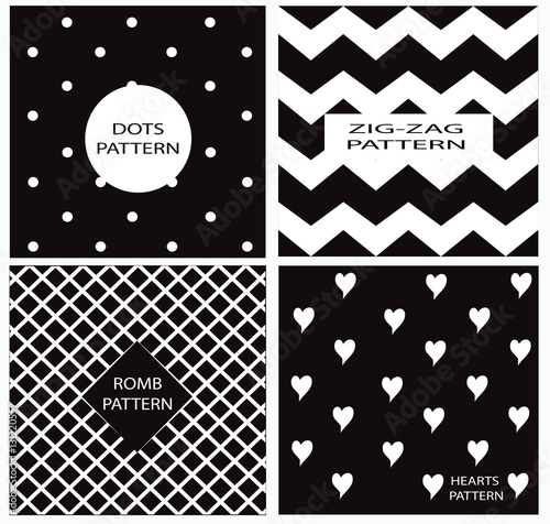 abstract pattern vector black and white with heart shape, dots and zig zag