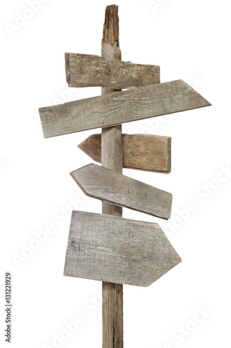 Rough hewn wood signs pointing in various directions