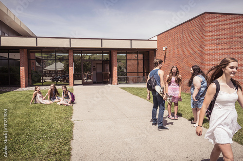 Teenage high school pupils chatting outside school