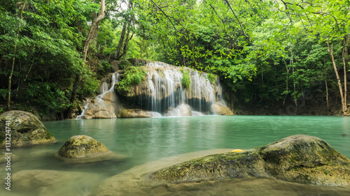 Beautiful and Breathtaking green waterfall  Erawan s waterfall Located Kanchanaburi province  Thailand
