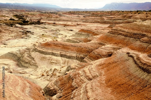 Long shot of the nature reserve Ischigualasto also called Valle de la Luna in the area San Juan in Argentina, South America