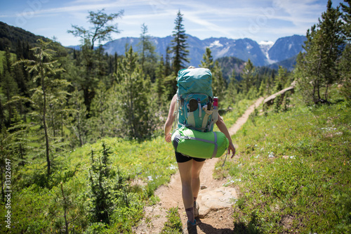 Hiker walking across forest, Enchantments, Alpine Lakes Wilderness, Washington, USA