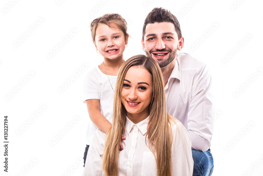 portrait of family on white background. Mother, father and daughter portrait of family on white background. Mother, father and daughter