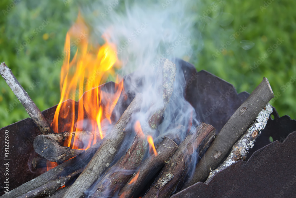 Bonfire flame outdoors over the brazier Bonfire flame outdoors over the brazier