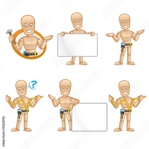 Wooden mannequin in different postures, he has a tool belt